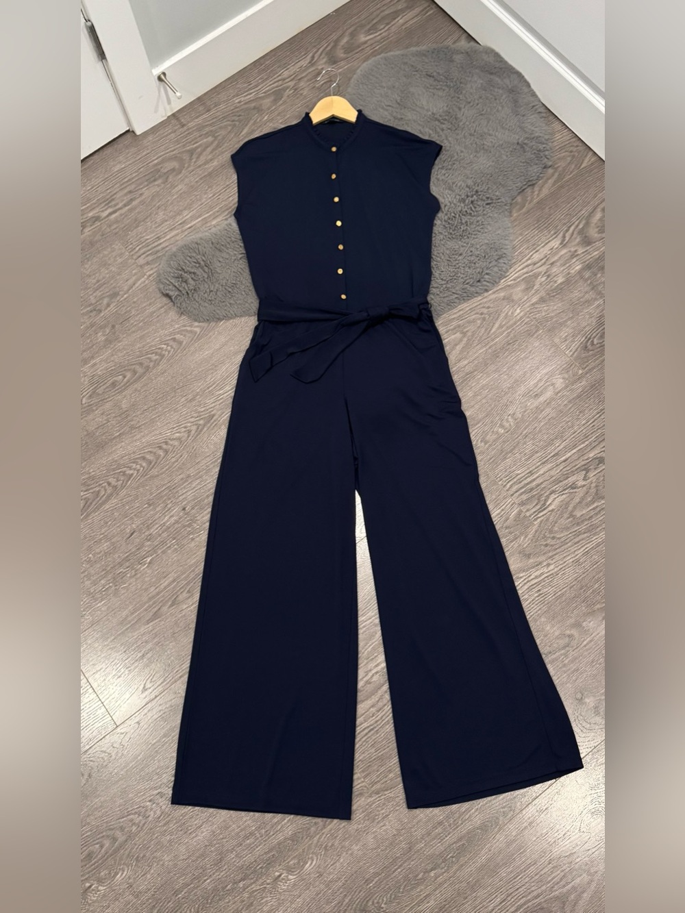 Ralph Lauren Navy Sleeveless Button-Front Wide-Leg Jumpsuit with Tie
